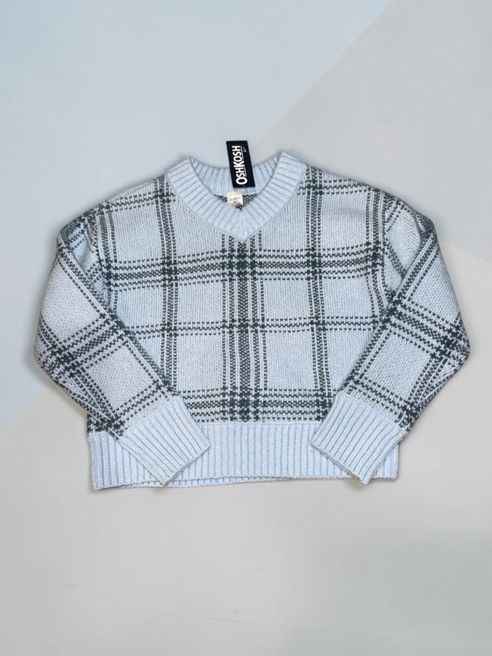 OshKosh B'gosh Light Blue & Gray Plaid V-Neck Sweater Girls (8) NWT